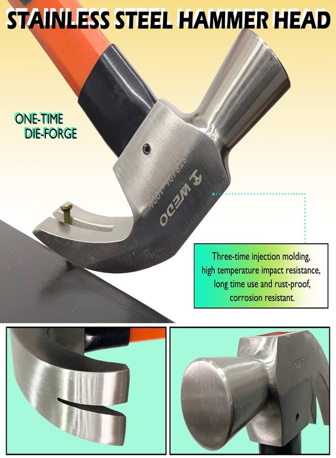 WEDO Claw Hammer with Fiberglass Handle,16oz Stainless Steel Framing Hammer,Length 300mm(12"),Shock Resistant,Corrosion Resistant,Rust Proof, Die-forged - Image 3