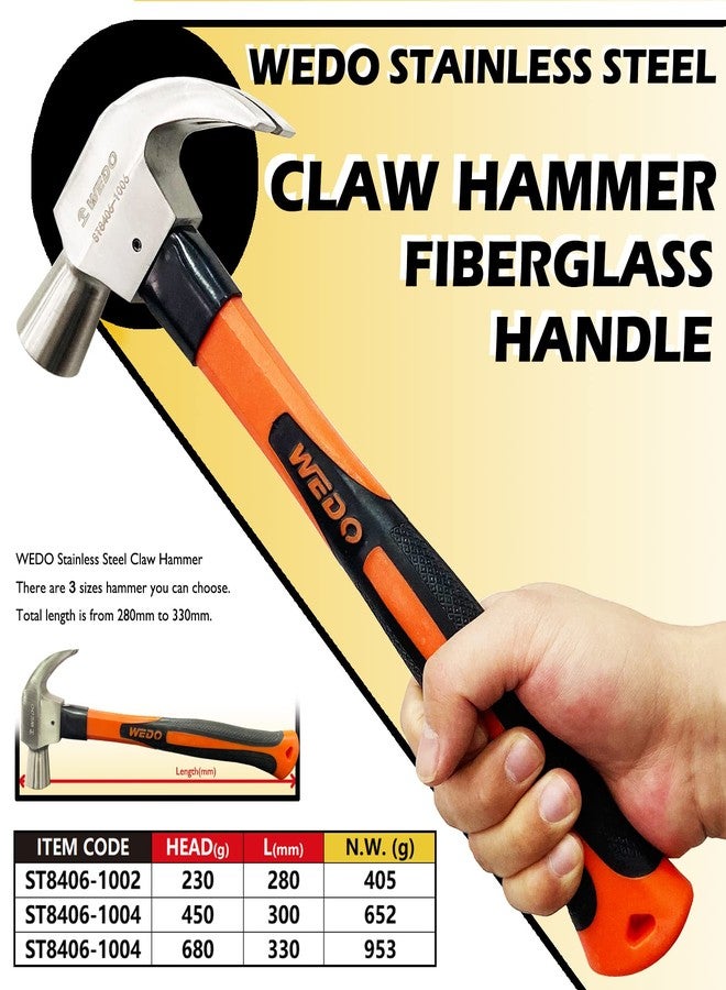 WEDO Claw Hammer with Fiberglass Handle,16oz Stainless Steel Framing Hammer,Length 300mm(12"),Shock Resistant,Corrosion Resistant,Rust Proof, Die-forged - Image 2