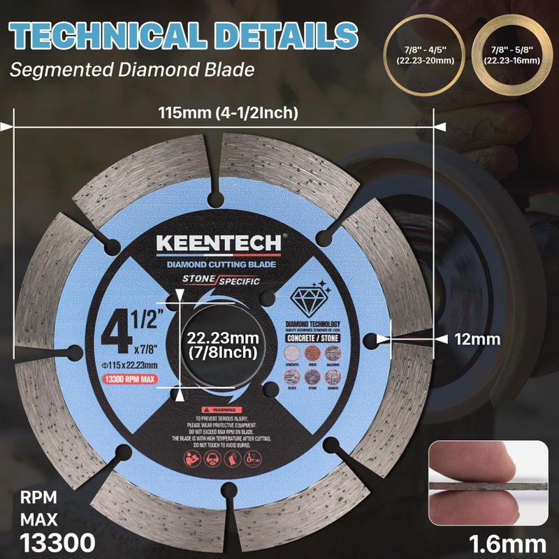 KEENTECH Segmented Diamond Saw Blade 4-1/2 inch, for Smooth Cutting Concrete Marble Granite Brick Masonry, Diamond Blade for Angle Grinder, 4.5" Dry or Wet Cutting Concrete Saw Blades (2-Pack) - Image 2