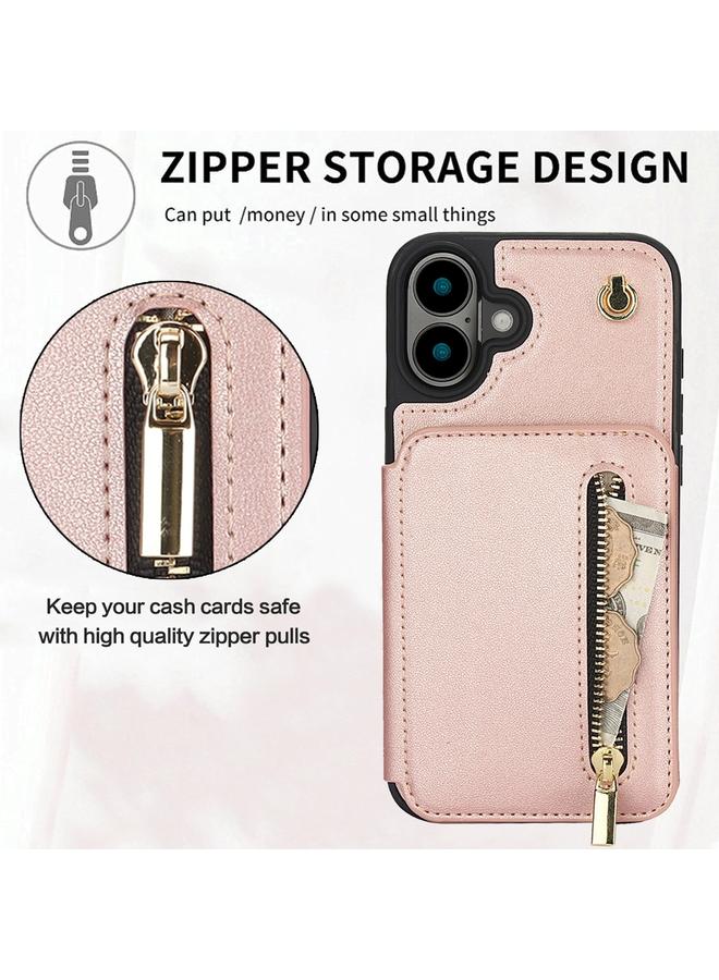 S-TOP Case For iPhone 16 Plus YM006 Skin Feel Zipper Card Bag Phone Case with Dual Lanyard - Image 5
