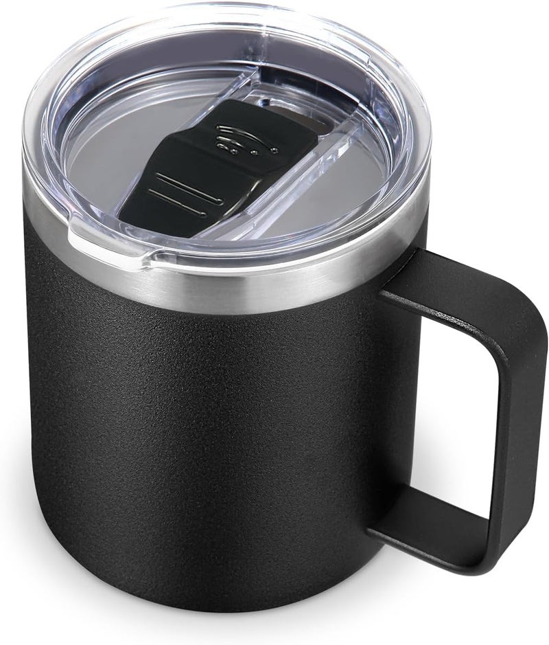 Volhoply 14oz Insulated Stainless Steel Coffee Mug with Leakproof Lid,Double Wall Vacuum Travel Coffee Cup with Handle,Reusable Metal Cups Tumbler,Camping Mugs Keep Hot/Cold,Gifts(Black,1) - Image 1
