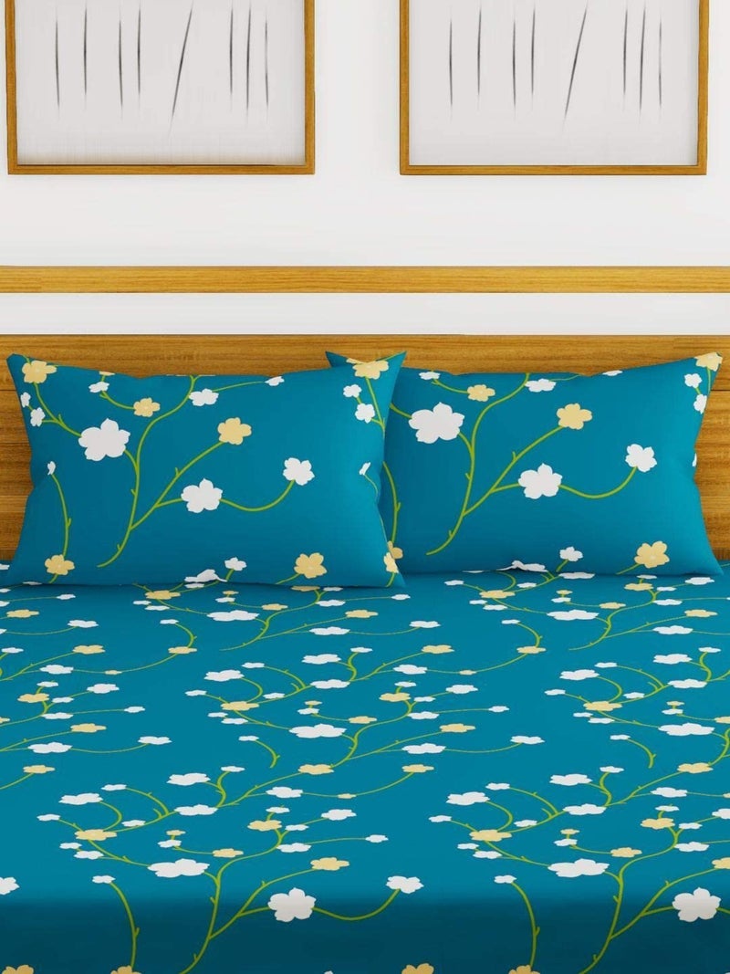 SpangleHomes 200% Soft Glace Cotton Elastic Fitted Double Bed Bedsheet with 2 Large Pillow Covers (King Bed 78 x72x10 inches, Blue Yellow Flower) - Image 2