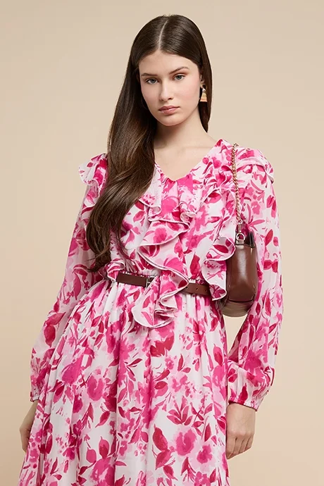 أر أند بي Printed Midi Dress with V-Neck and Long Sleeves