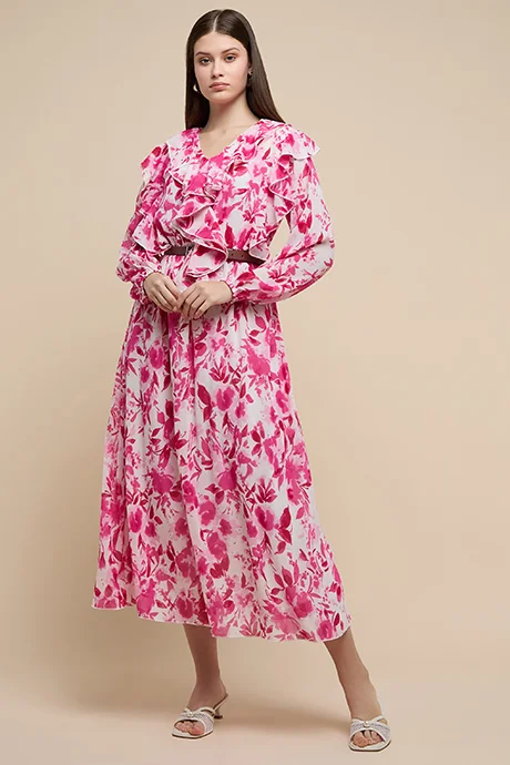 أر أند بي Printed Midi Dress with V-Neck and Long Sleeves