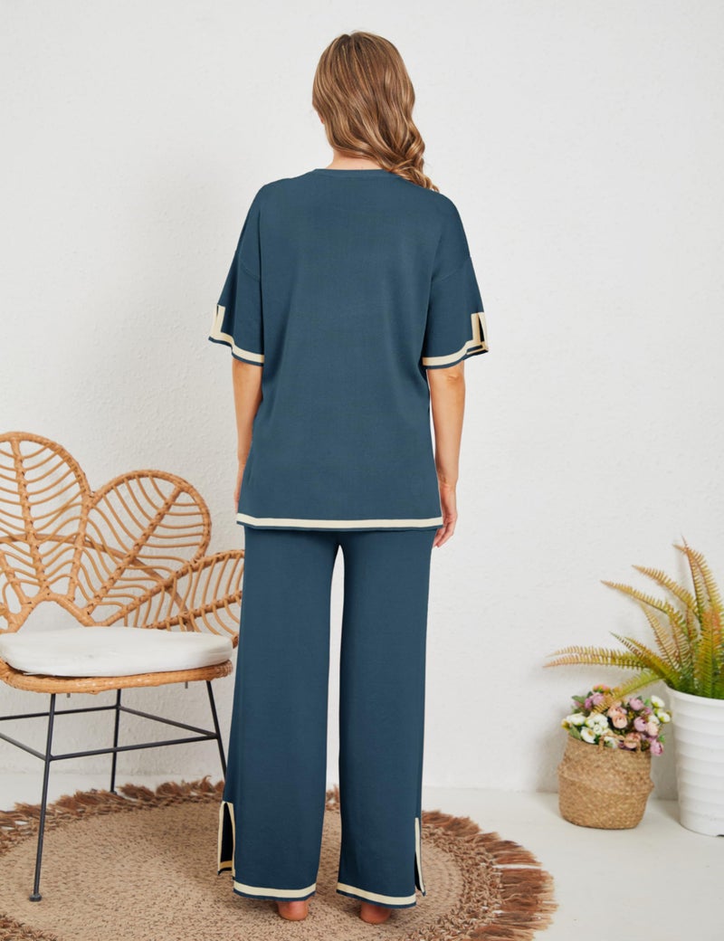Tanming Sweater Sets Women 2 Piece Lounge Sets Short Sleeve Knit Pullover Tops Wide Leg Pants (Navy-L) - Image 3