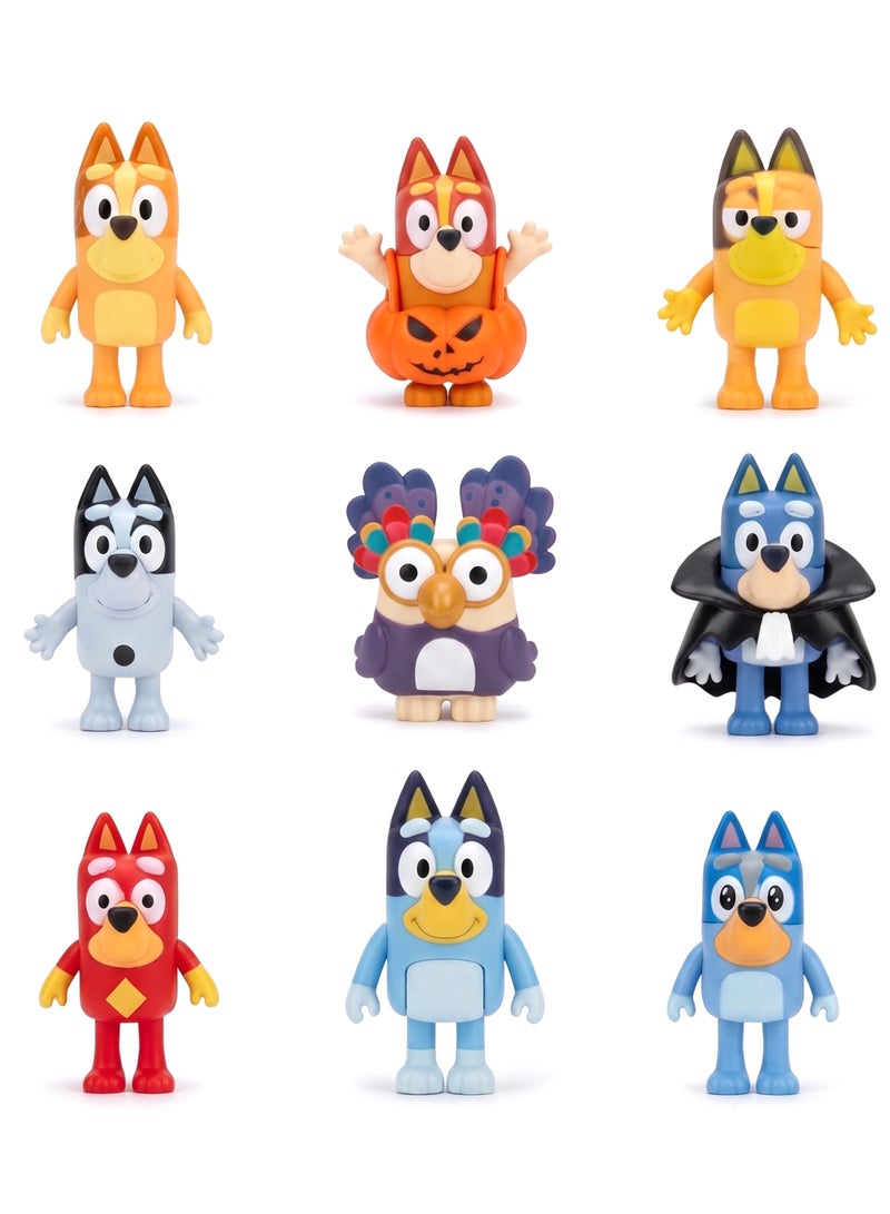 bluey toys Bluey and Friends Collectible Figure Set of 9 – 6cm (2.36 Inch) Articulated Mini Action Figures | Heeler Family & Friends Dolls with Spooky Bluey, Count Bluey & Dream Owl | STEM Imaginative Play Toy & Cake Topper Gift for Boys & Girls (Ages 3+) - Image 1