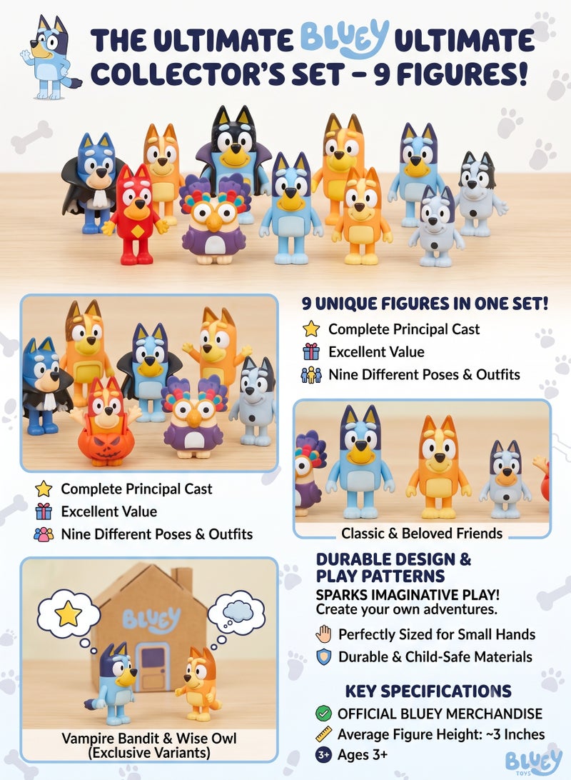 bluey toys Bluey and Friends Collectible Figure Set of 9 – 6cm (2.36 Inch) Articulated Mini Action Figures | Heeler Family & Friends Dolls with Spooky Bluey, Count Bluey & Dream Owl | STEM Imaginative Play Toy & Cake Topper Gift for Boys & Girls (Ages 3+) - Image 2