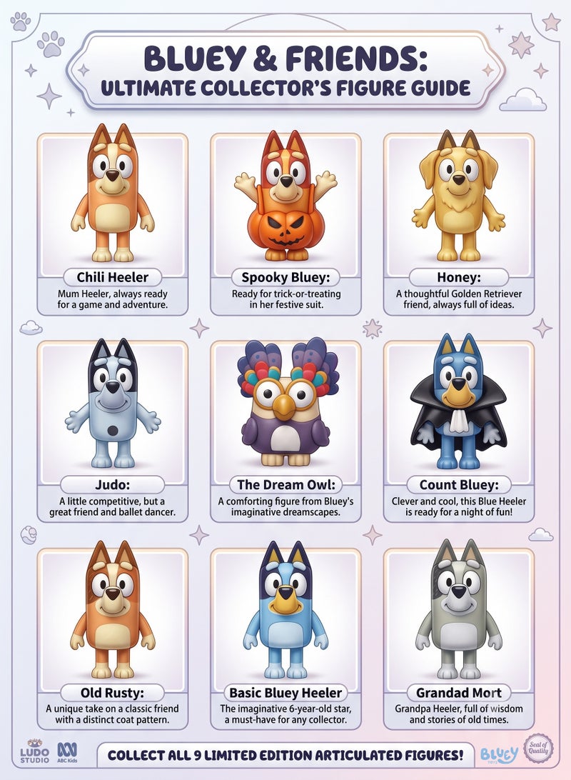 bluey toys Bluey and Friends Collectible Figure Set of 9 – 6cm (2.36 Inch) Articulated Mini Action Figures | Heeler Family & Friends Dolls with Spooky Bluey, Count Bluey & Dream Owl | STEM Imaginative Play Toy & Cake Topper Gift for Boys & Girls (Ages 3+) - Image 3