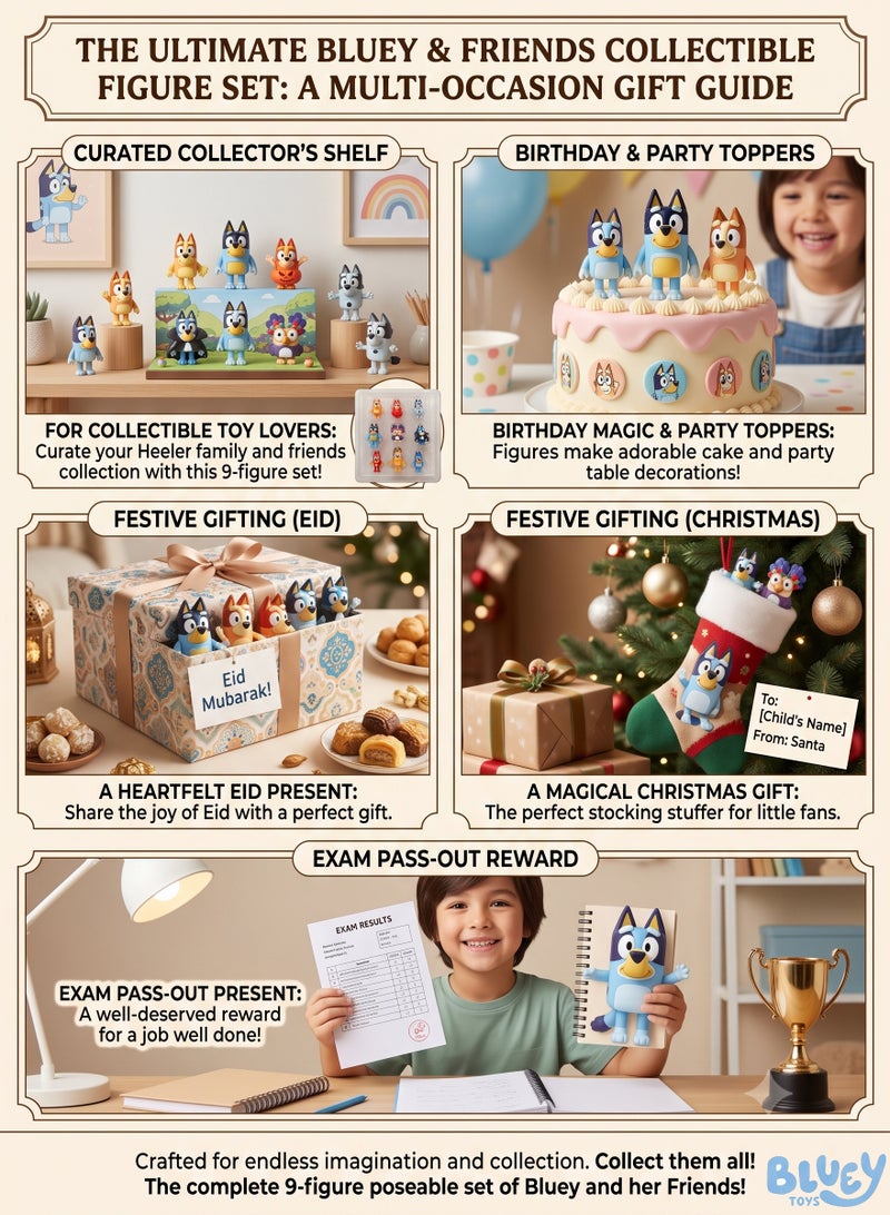 bluey toys Bluey and Friends Collectible Figure Set of 9 – 6cm (2.36 Inch) Articulated Mini Action Figures | Heeler Family & Friends Dolls with Spooky Bluey, Count Bluey & Dream Owl | STEM Imaginative Play Toy & Cake Topper Gift for Boys & Girls (Ages 3+) - Image 5