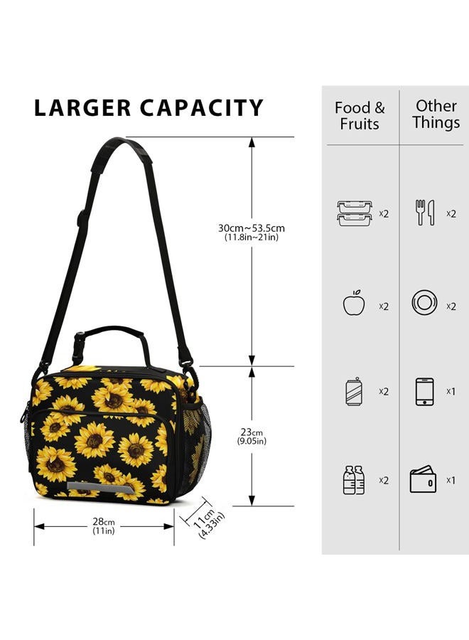 senya Sunflower Black Lunch Bag Insulated Reusable Tote Bag for Girls Boys Women Men Thermal Cooler Bag with Adjustable Strap for Work School - Image 3