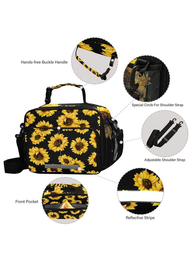 senya Sunflower Black Lunch Bag Insulated Reusable Tote Bag for Girls Boys Women Men Thermal Cooler Bag with Adjustable Strap for Work School - Image 4