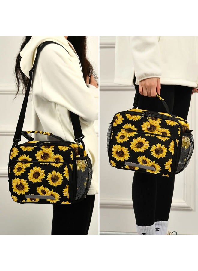 senya Sunflower Black Lunch Bag Insulated Reusable Tote Bag for Girls Boys Women Men Thermal Cooler Bag with Adjustable Strap for Work School - Image 5