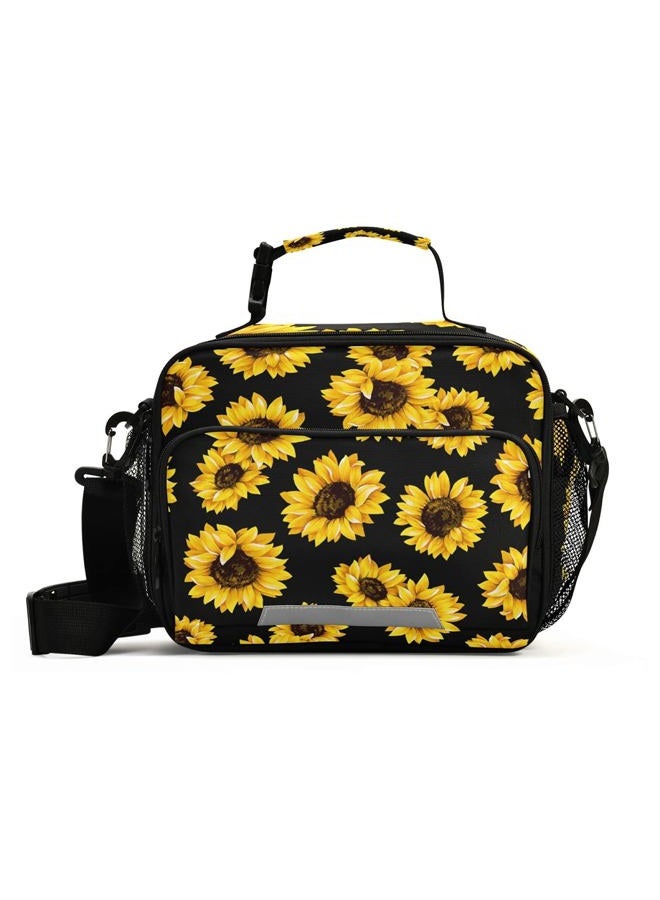 senya Sunflower Black Lunch Bag Insulated Reusable Tote Bag for Girls Boys Women Men Thermal Cooler Bag with Adjustable Strap for Work School - Image 1