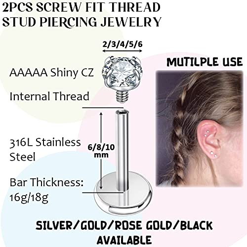 PunkTracker 16g/18g Surgical Steel Internal Thread CZ Stud Piercing Jewelry for Tragus/Nose/Helix/Conch/Medusa/Lip/Labret - Helix Tragus Cartilage Earring for Women Men 2PCS - Image 2
