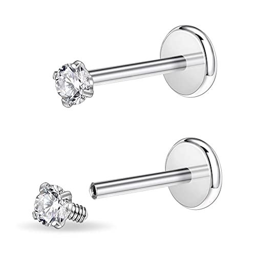 PunkTracker 16g/18g Surgical Steel Internal Thread CZ Stud Piercing Jewelry for Tragus/Nose/Helix/Conch/Medusa/Lip/Labret - Helix Tragus Cartilage Earring for Women Men 2PCS - Image 1