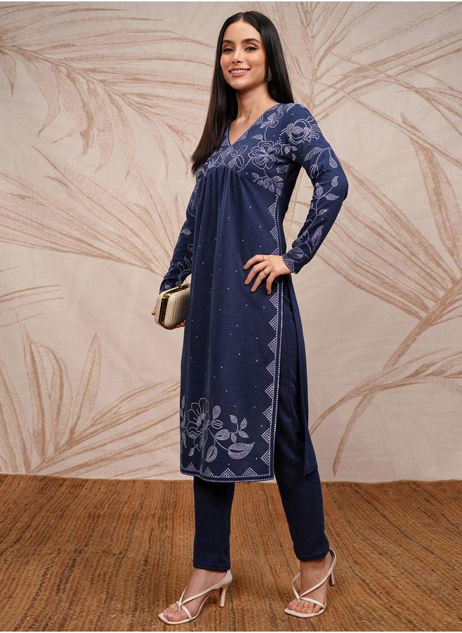 Vishudh Blue Floral Printed Straight Kurta With Trouser by Styli  - Image 4