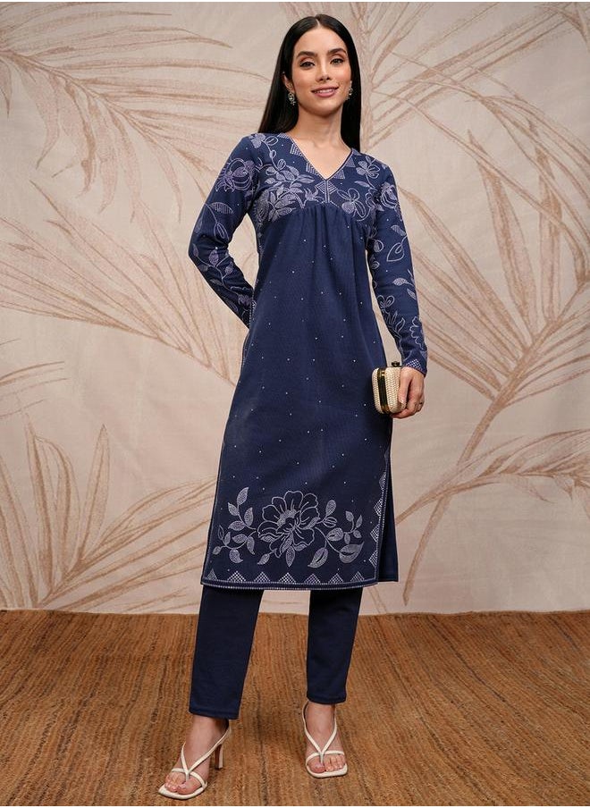 Vishudh Blue Floral Printed Straight Kurta With Trouser by Styli  - Image 2