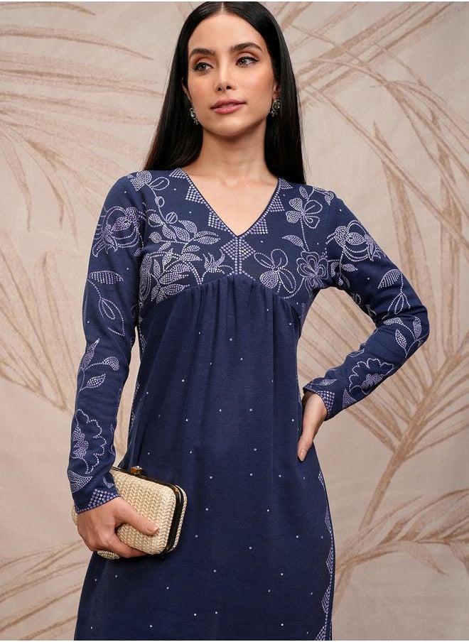Vishudh Blue Floral Printed Straight Kurta With Trouser by Styli  - Image 1