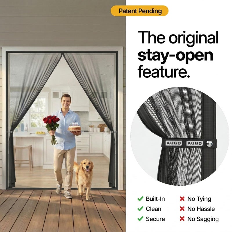 AUGO Magnetic Screen Door - Self Sealing, Heavy Duty, Hands Free Mesh Partition Keeps Bugs Out - Pet and Kid Friendly - Patent Pending Keep Open Feature - 74 Inch x 81 Inch - Image 3