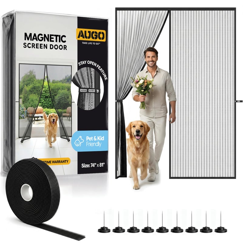 AUGO Magnetic Screen Door - Self Sealing, Heavy Duty, Hands Free Mesh Partition Keeps Bugs Out - Pet and Kid Friendly - Patent Pending Keep Open Feature - 74 Inch x 81 Inch - Image 1