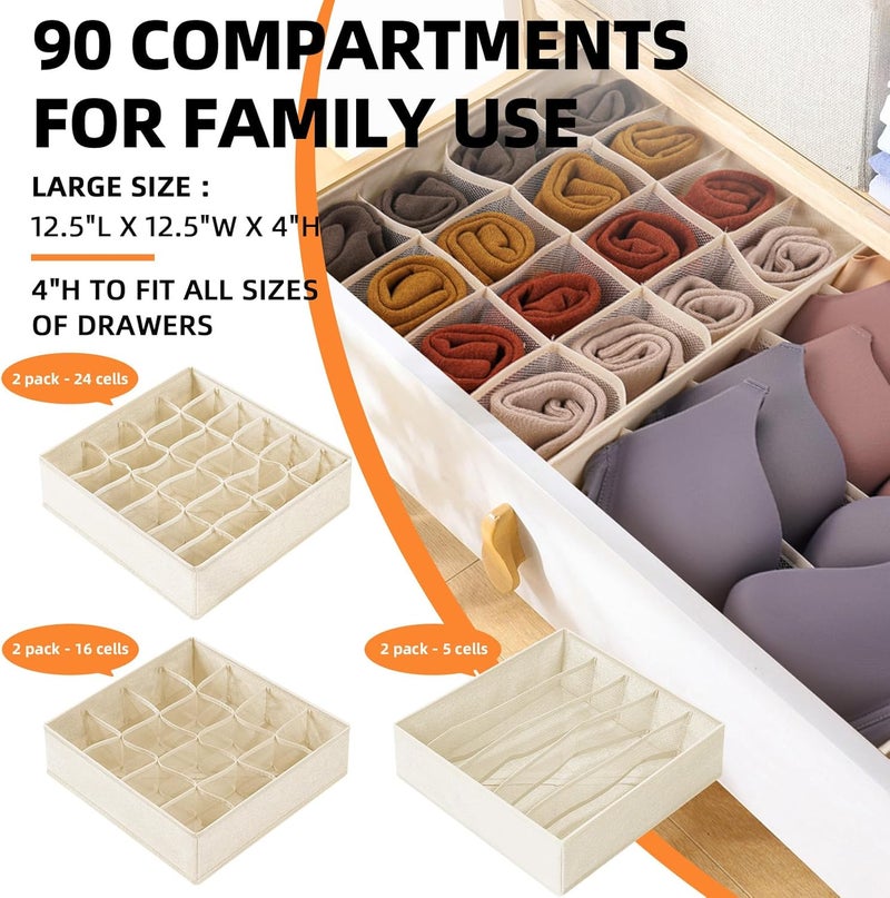 Criusia 6 Pcs Drawer Organizer Clothes - 90 Cells Closet Organizers and Storage for Baby Nursery - Washable Fabric Dresser Organizer Dividers for Sock Underwear Bra Dorm Room Essentials (Beige) - Image 2