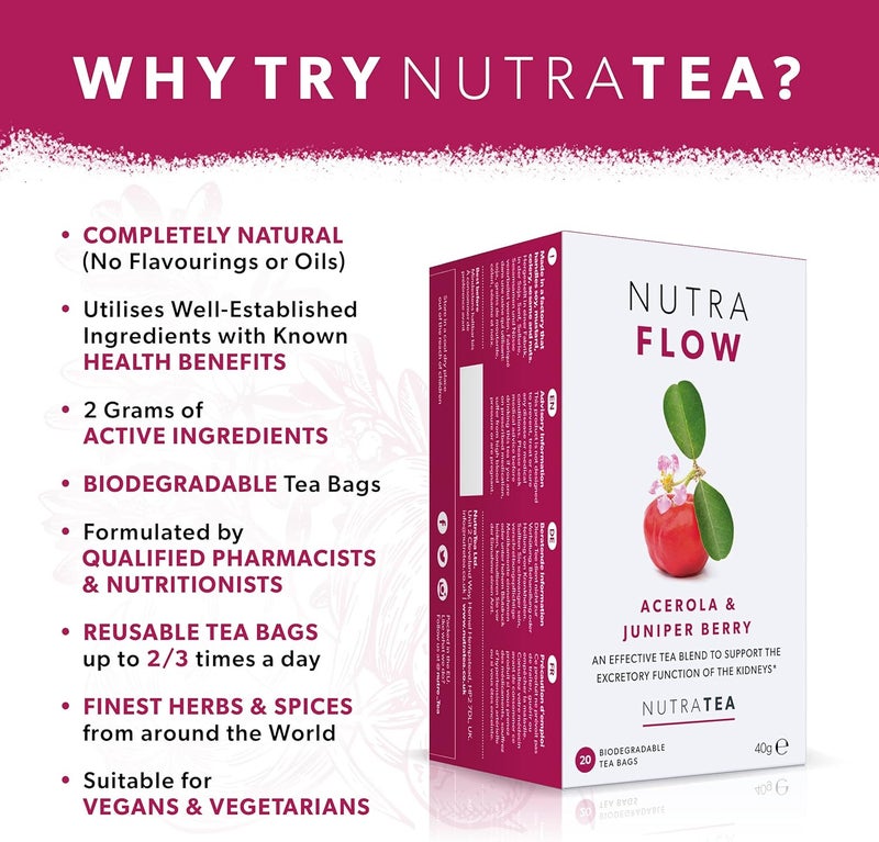 Nutra Tea Nutraflow UTI Tea with Acerola & Juniper Berry - 20 Biodegradable Tea Bags for Urinary Tract Relief - Image 3