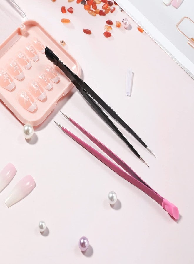 NUOMI 2 Pcs/Set Straight Nail Tweezers Probe Tips Metal Tweezers with Silicone Pressing Head for Nail Art, Picking Gems Rhinestones Acrylic Gel Stickers Eyelash Extensions - Image 2