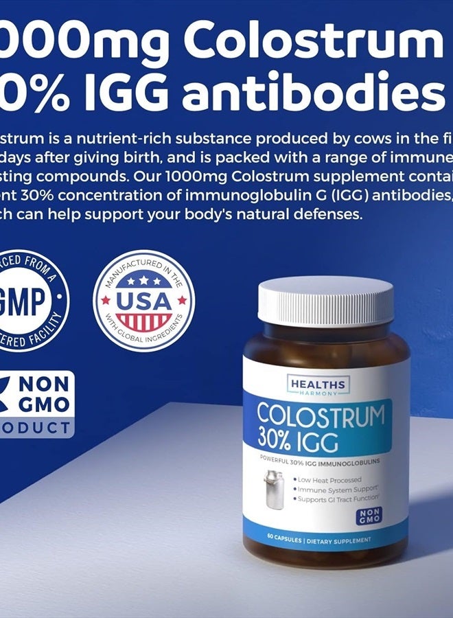 Healths Harmony Colostrum 1,000mg (Non-GMO) 30% IgG Immunoglobulins - Immune System Support, Gut Health & Respiratory Health Supplement - Low Heat Processed Bovine Colostrum - 60 Capsules - No Powder or Pills - Image 3