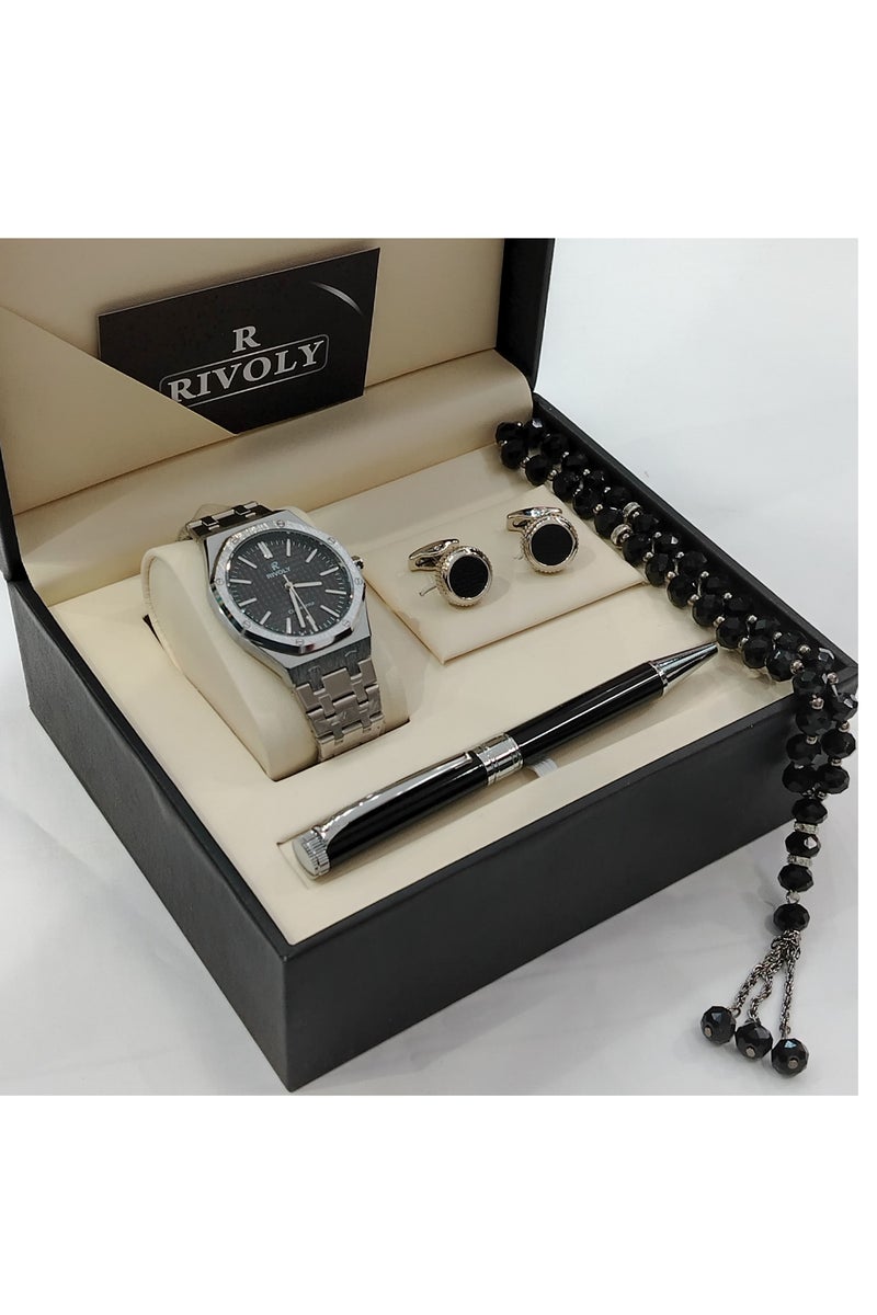 ريفولي طقم رجالي من الستانلس ستيل يتكون من ساعة وسبحة وقلم وازرار اكمام - Image 1