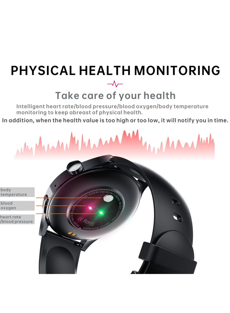 QS39 HD Full Circle Body Temperature Measurement Heart Rate Blood Pressure Blood Oxygen Music Bluetooth Call Smart Watch (Gold + Three-Bead Steel Strap) - Image 3