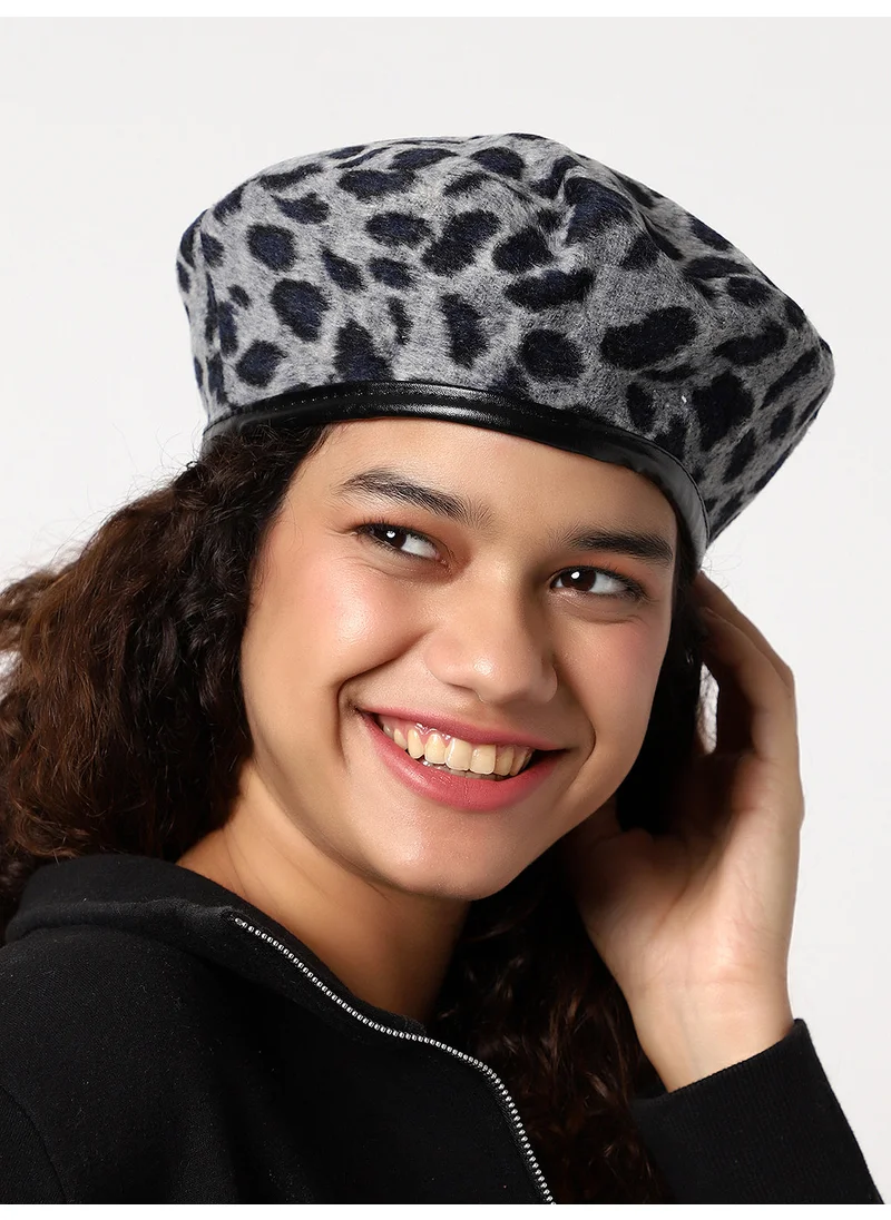 Haute Sauce Black & Grey Animal Textured Faux Fur Beret Hat