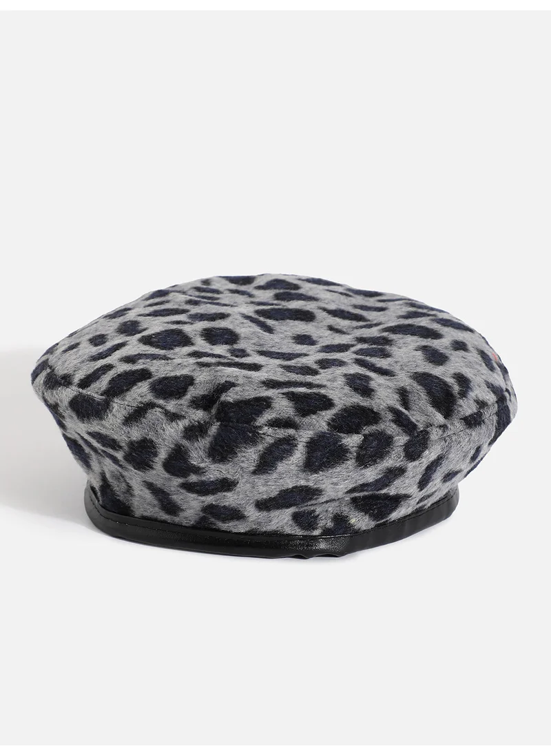 Haute Sauce Black & Grey Animal Textured Faux Fur Beret Hat