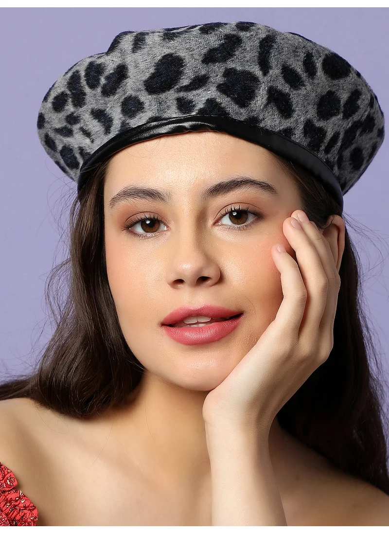 Haute Sauce Black & Grey Animal Textured Faux Fur Beret Hat