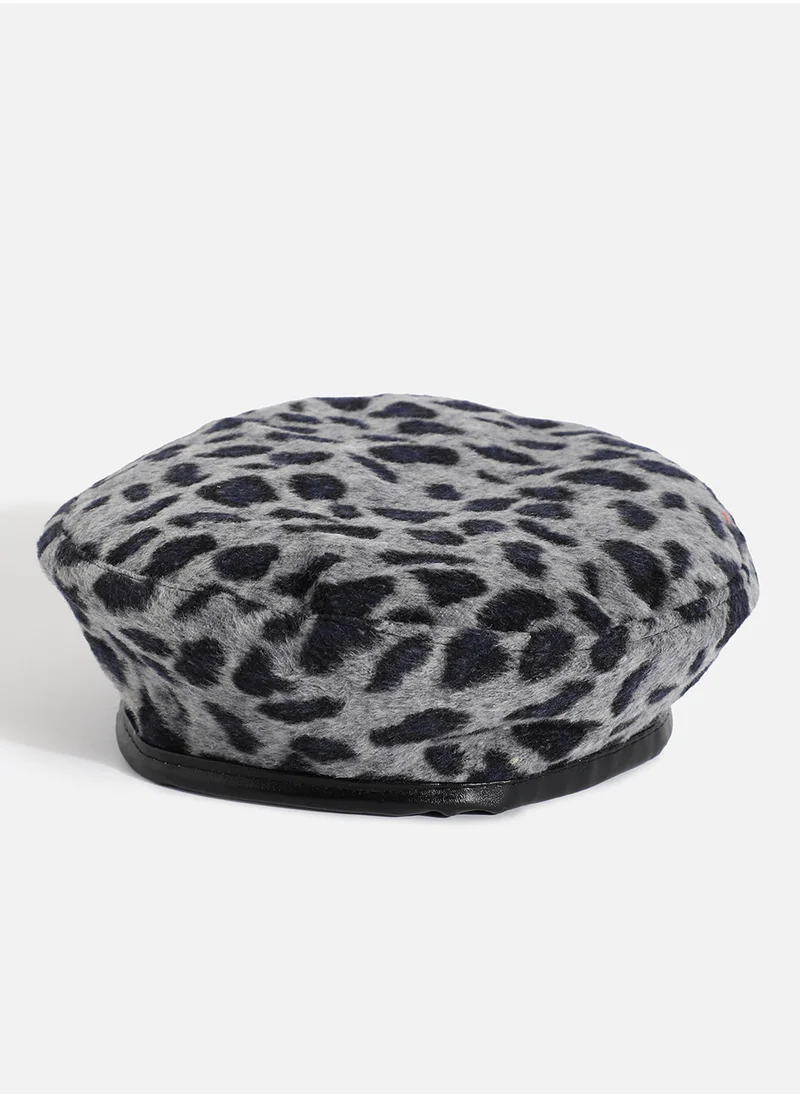 Haute Sauce Black & Grey Animal Textured Faux Fur Beret Hat
