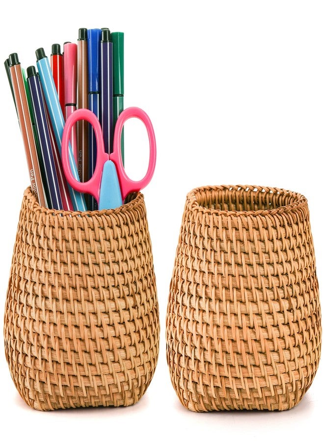 Hacaroa Set of 2 Rattan Pencil Holder for Desk, Handmade Wicker Pen Cup Cute Boho Desk Organizer, Woven Makeup Brush Holder Utensil Container for Home, Office Table Decor - Image 1