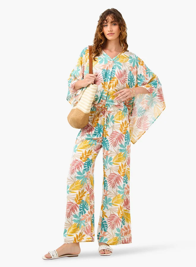 All-Over Print V-neck Top and Pants Set