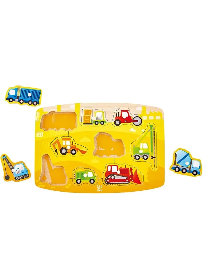 Hape Construction Peg Puzzle - Wooden 10 Piece Peg Puzzle | Interactive Vehicle Puzzle Kids Toy | Made Of Non-Toxic Durable Wood Construction | Easy-To-Grab Pieces | Ages 24 Months+
