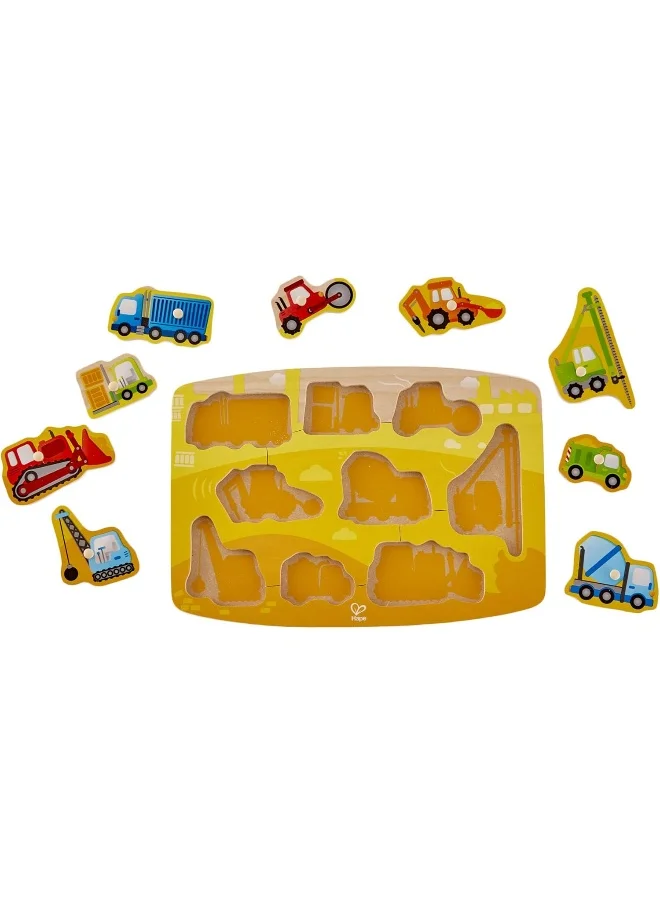 Hape Construction Peg Puzzle - Wooden 10 Piece Peg Puzzle | Interactive Vehicle Puzzle Kids Toy | Made Of Non-Toxic Durable Wood Construction | Easy-To-Grab Pieces | Ages 24 Months+