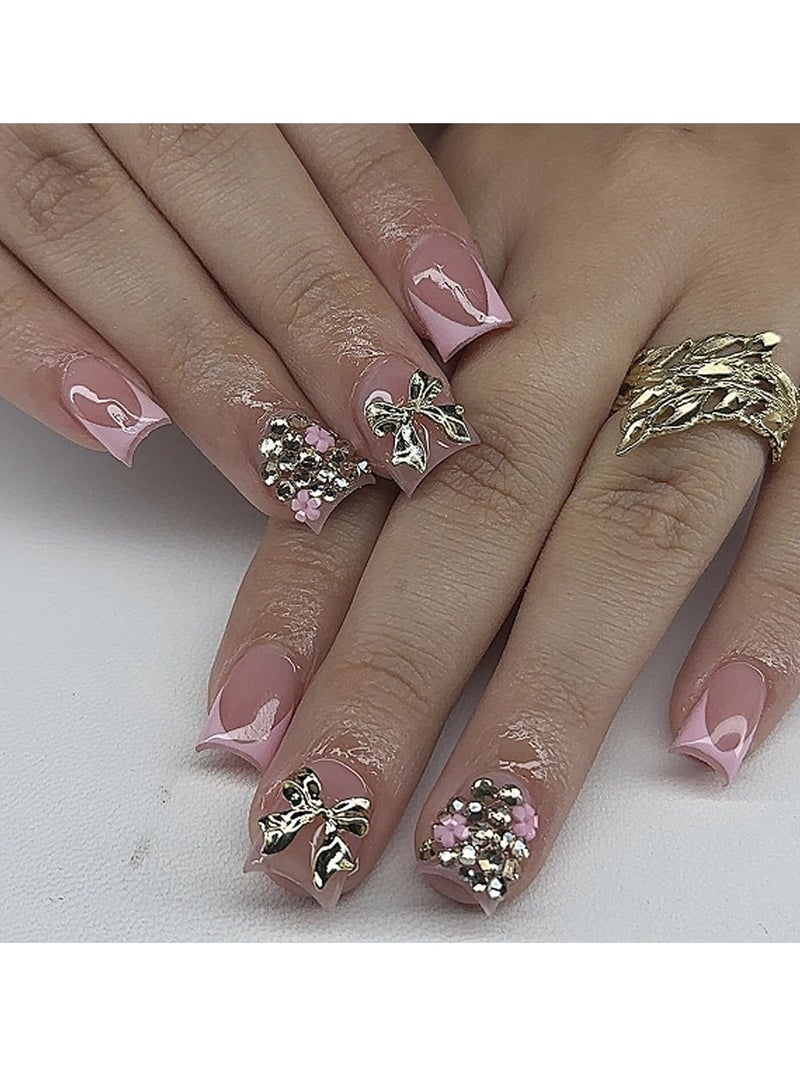 JOSQUEWNN Press On Nails 24pcs,French-Style Pink Short Square Fake Nails, Featuring a Metallic 3d Bow Design And Sparkling Diamond Embellishments, Perfectly Create a Fashionable Nail Art Effect. Fake Acrylic Nails With Glue Kit. - Image 1