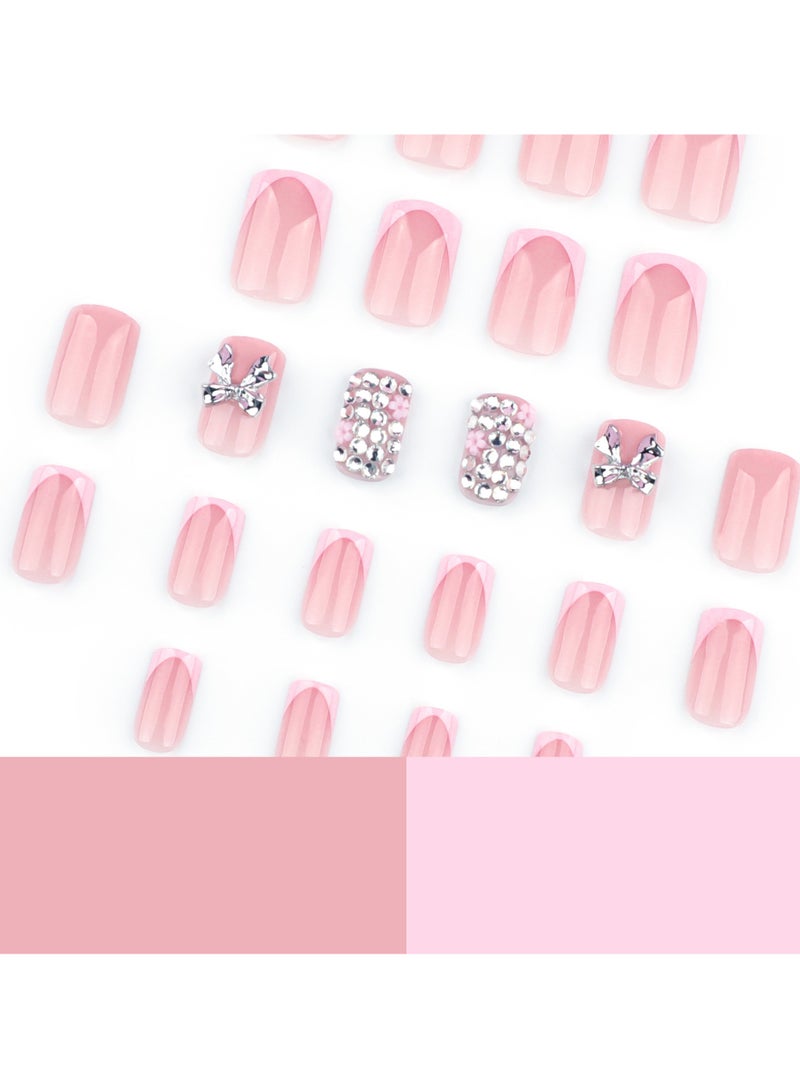 JOSQUEWNN Press On Nails 24pcs,French-Style Pink Short Square Fake Nails, Featuring a Metallic 3d Bow Design And Sparkling Diamond Embellishments, Perfectly Create a Fashionable Nail Art Effect. Fake Acrylic Nails With Glue Kit. - Image 2
