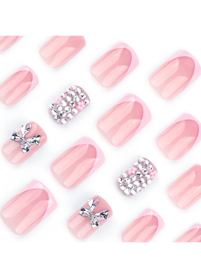 JOSQUEWNN Press On Nails 24pcs,French-Style Pink Short Square Fake Nails, Featuring a Metallic 3d Bow Design And Sparkling Diamond Embellishments, Perfectly Create a Fashionable Nail Art Effect. Fake Acrylic Nails With Glue Kit. - Image 3