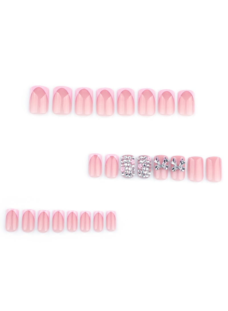 JOSQUEWNN Press On Nails 24pcs,French-Style Pink Short Square Fake Nails, Featuring a Metallic 3d Bow Design And Sparkling Diamond Embellishments, Perfectly Create a Fashionable Nail Art Effect. Fake Acrylic Nails With Glue Kit. - Image 5