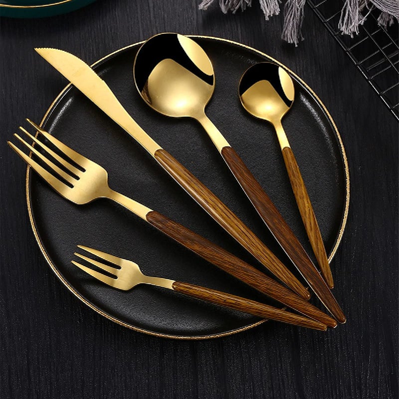 TOMATUS 5 PCS Luxury Flatware SetSilverware SetCutlery Set with Wooden Handle 1810 Stainless SteelIdeal for HomeCampingParty Gold - Image 2