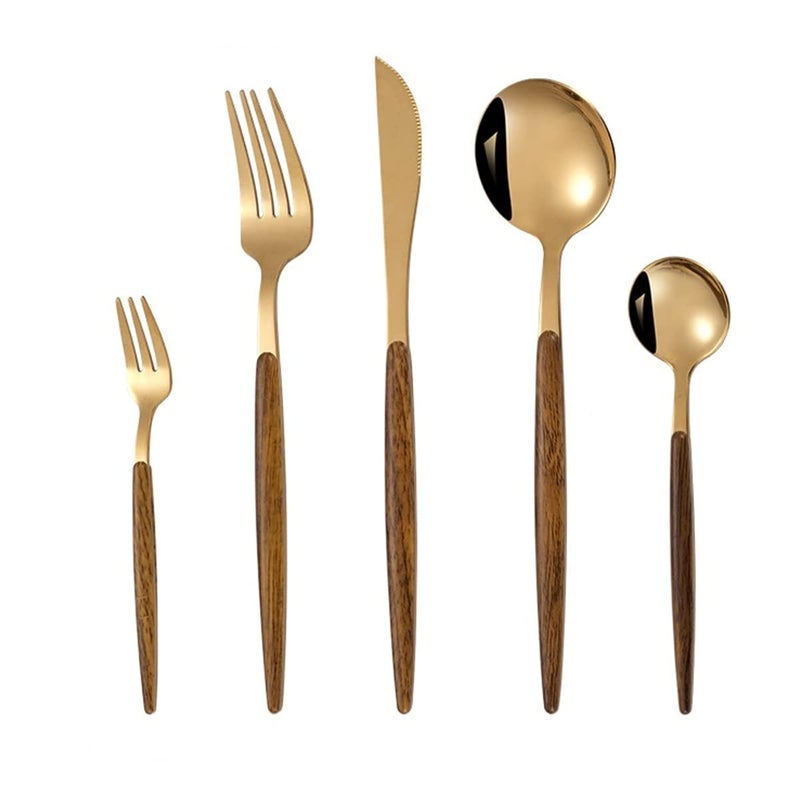 TOMATUS 5 PCS Luxury Flatware SetSilverware SetCutlery Set with Wooden Handle 1810 Stainless SteelIdeal for HomeCampingParty Gold - Image 1