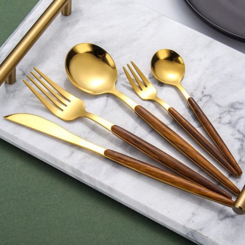 TOMATUS 5 PCS Luxury Flatware SetSilverware SetCutlery Set with Wooden Handle 1810 Stainless SteelIdeal for HomeCampingParty Gold - Image 3