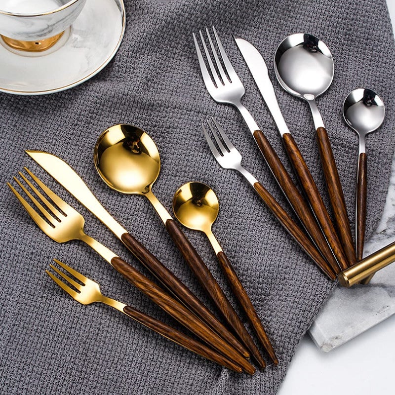 TOMATUS 5 PCS Luxury Flatware SetSilverware SetCutlery Set with Wooden Handle 1810 Stainless SteelIdeal for HomeCampingParty Gold - Image 5