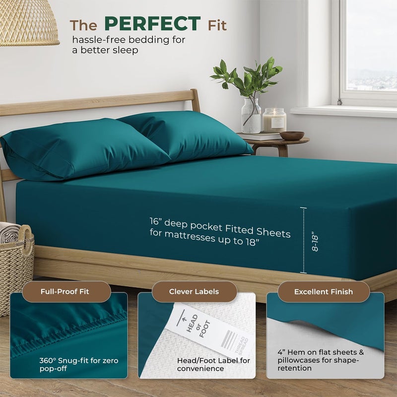 THREAD SPREAD 100% Organic Cotton Sheets Twin XL Size - 3 PC Organic Cotton Twin XL Size Percale Weave Sheet Set, Soft, Cooling, Crisp & Breathable, 16" Deep Pocket Bedding Set for Dorm Room - Teal - Image 4