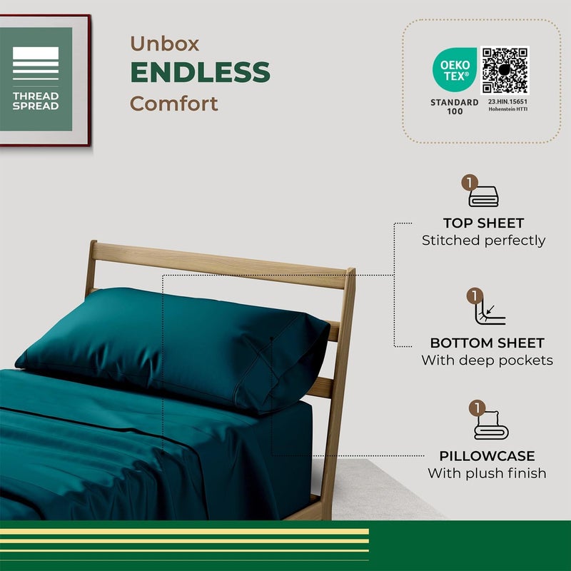 THREAD SPREAD 100% Organic Cotton Sheets Twin XL Size - 3 PC Organic Cotton Twin XL Size Percale Weave Sheet Set, Soft, Cooling, Crisp & Breathable, 16" Deep Pocket Bedding Set for Dorm Room - Teal - Image 3