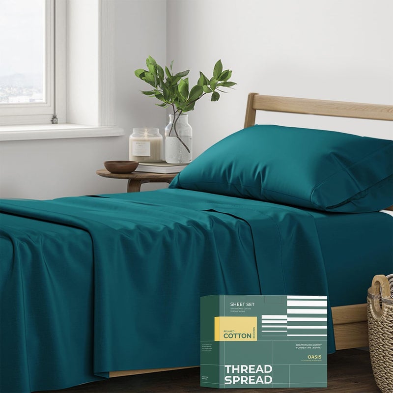 THREAD SPREAD 100% Organic Cotton Sheets Twin XL Size - 3 PC Organic Cotton Twin XL Size Percale Weave Sheet Set, Soft, Cooling, Crisp & Breathable, 16" Deep Pocket Bedding Set for Dorm Room - Teal - Image 1