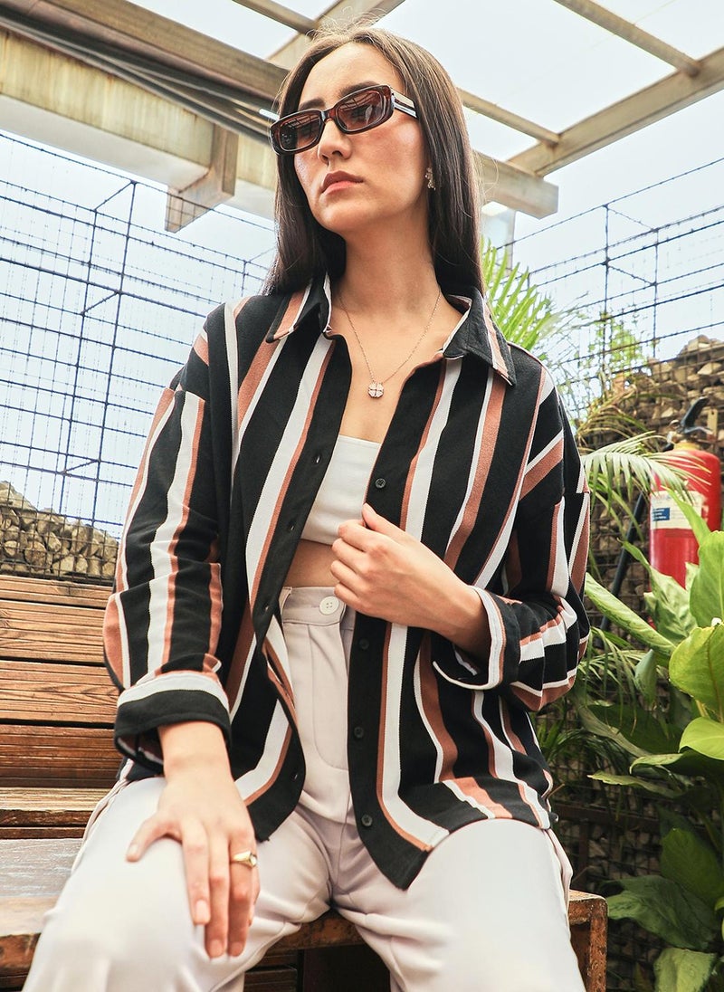 PINACOLADA Women's Midnight Black & Mocha Brown Striped Boxy Shirt  - Image 1